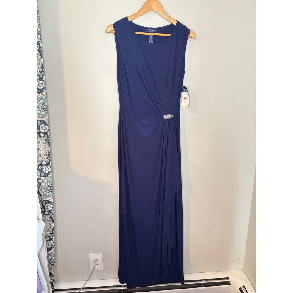 NWT‎ Chaps Navy Blue Evening Gown Dress Size 12 Draped Brooch Formal Maxi